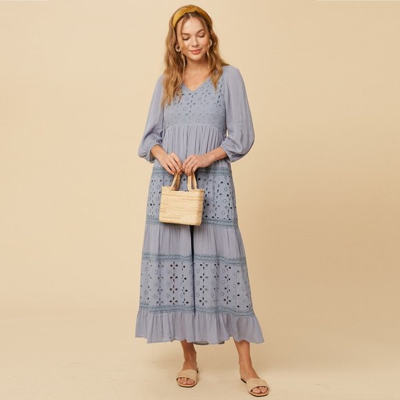 Listicle Misty Blue Maxi Dress NWT • Rayon Long Sleeve Boho Textured Embroidered - Picture 8 of 13
